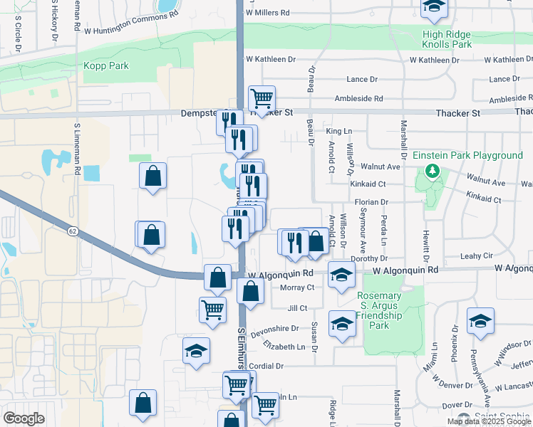 map of restaurants, bars, coffee shops, grocery stores, and more near 760 Holiday Lane in Des Plaines