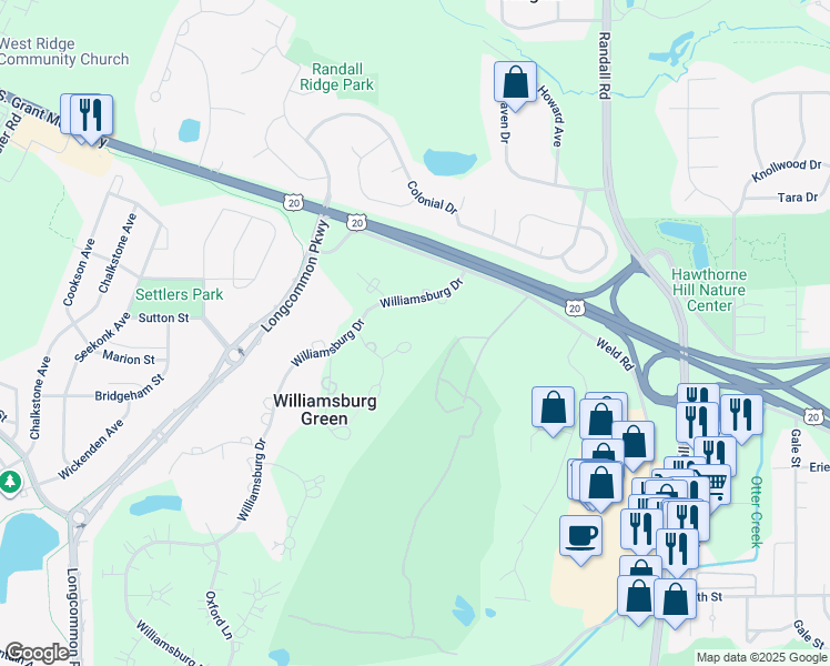 map of restaurants, bars, coffee shops, grocery stores, and more near 37W396 Maryhill Lane in Elgin