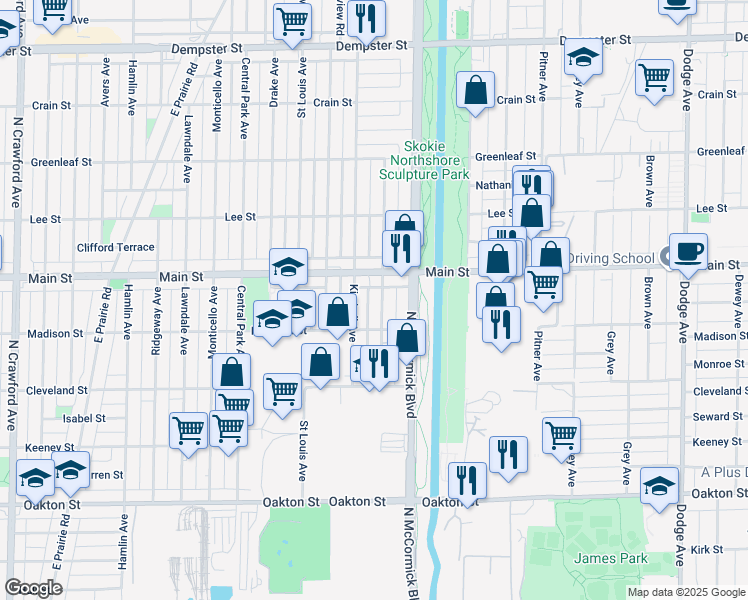 map of restaurants, bars, coffee shops, grocery stores, and more near 8338 Christiana Avenue in Skokie