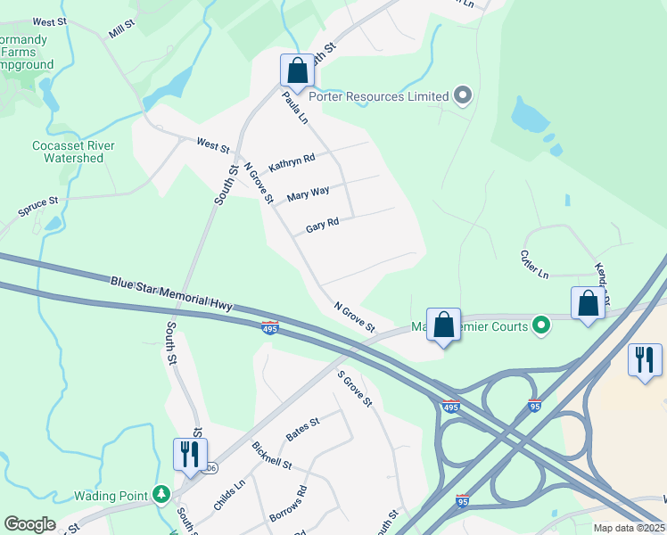 map of restaurants, bars, coffee shops, grocery stores, and more near 36 North Grove Street in Foxborough