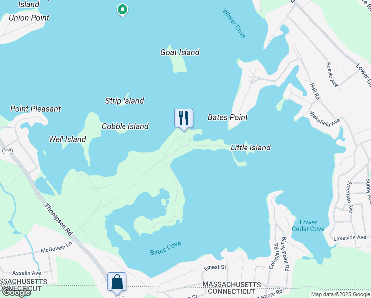 map of restaurants, bars, coffee shops, grocery stores, and more near 15 South Point Road in Webster