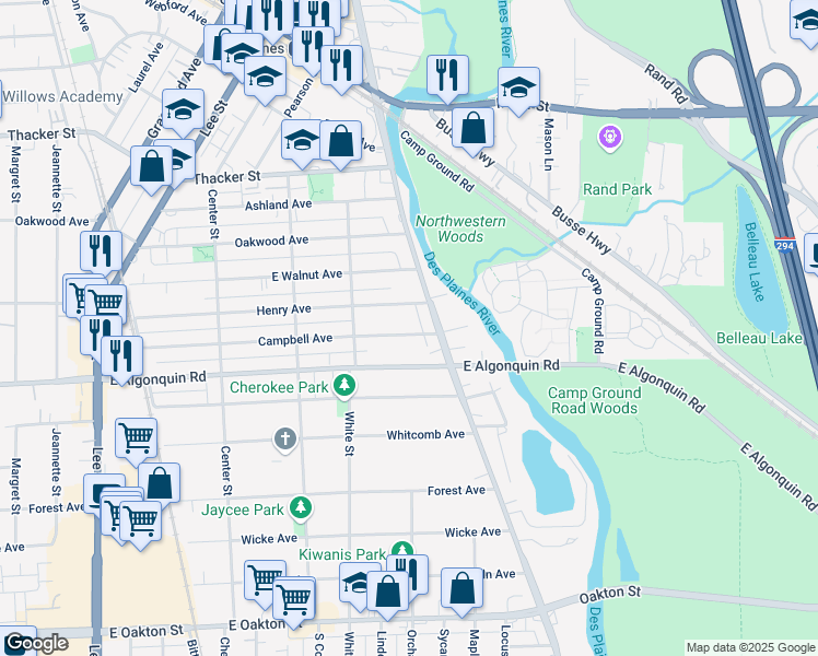 map of restaurants, bars, coffee shops, grocery stores, and more near 1708 Campbell Avenue in Des Plaines