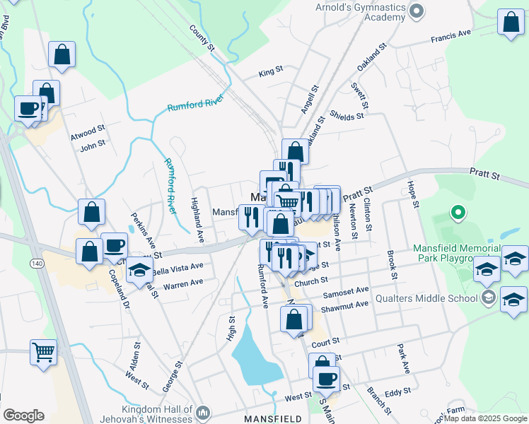 map of restaurants, bars, coffee shops, grocery stores, and more near 2 Mansfield Avenue in Mansfield