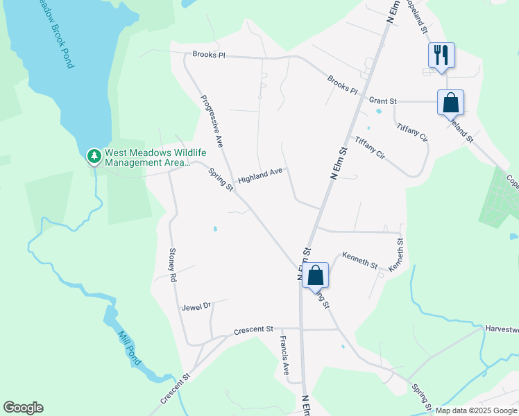 map of restaurants, bars, coffee shops, grocery stores, and more near 393 Spring Street in West Bridgewater