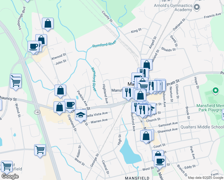 map of restaurants, bars, coffee shops, grocery stores, and more near 43 Draper Avenue in Mansfield