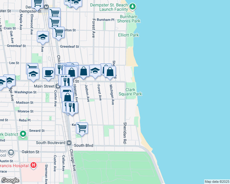 map of restaurants, bars, coffee shops, grocery stores, and more near 823 Michigan Avenue in Evanston