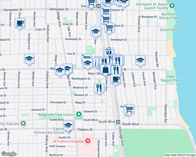 map of restaurants, bars, coffee shops, grocery stores, and more near 715 Washington Street in Evanston