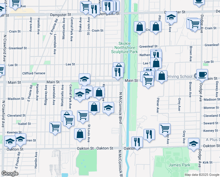map of restaurants, bars, coffee shops, grocery stores, and more near 8338 Christiana Avenue in Skokie