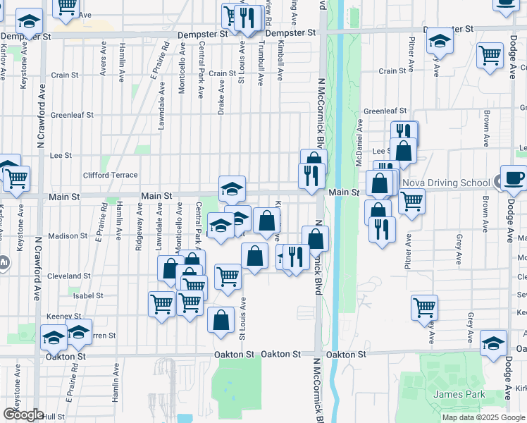 map of restaurants, bars, coffee shops, grocery stores, and more near 8344 Kimball Avenue in Skokie