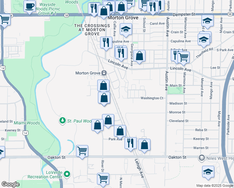 map of restaurants, bars, coffee shops, grocery stores, and more near 8302 Callie Avenue in Morton Grove