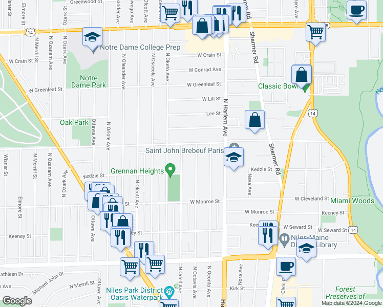 map of restaurants, bars, coffee shops, grocery stores, and more near 8353 North Octavia Avenue in Niles