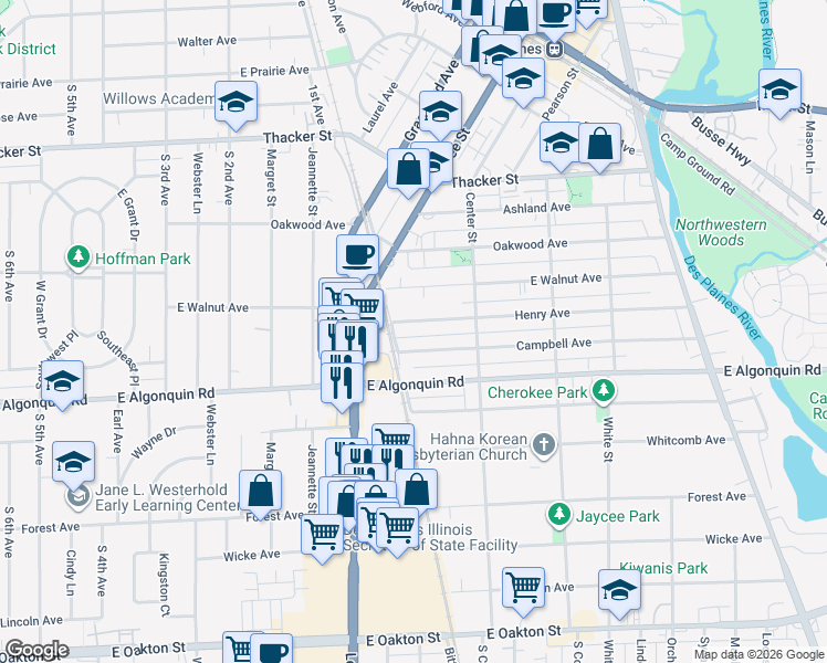 map of restaurants, bars, coffee shops, grocery stores, and more near 1275 Henry Avenue in Des Plaines