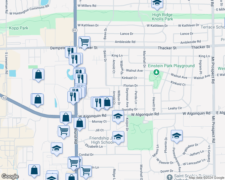 map of restaurants, bars, coffee shops, grocery stores, and more near 1109 Holiday Lane in Des Plaines