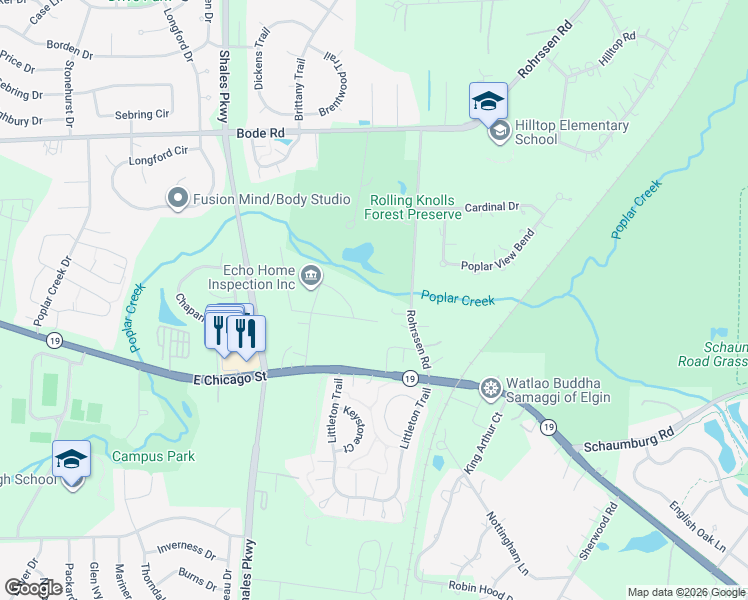 map of restaurants, bars, coffee shops, grocery stores, and more near 11N130 Rohrssen Road in Elgin
