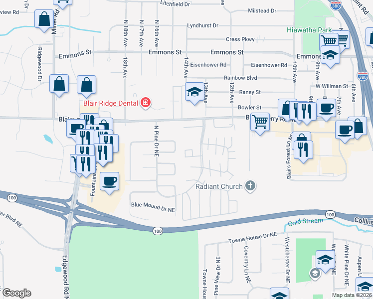 map of restaurants, bars, coffee shops, grocery stores, and more near 10 Leisure Boulevard Northeast in Cedar Rapids