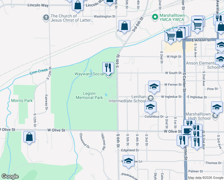 map of restaurants, bars, coffee shops, grocery stores, and more near 1203 South 6th Street in Marshalltown