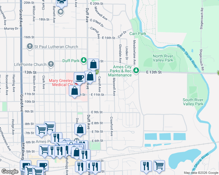 map of restaurants, bars, coffee shops, grocery stores, and more near 1130 Stafford Avenue in Ames
