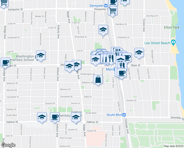 map of restaurants, bars, coffee shops, grocery stores, and more near Elmwood Ave & Washington St in Evanston