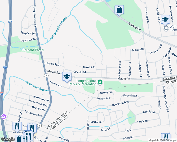 map of restaurants, bars, coffee shops, grocery stores, and more near 122 Lincoln Road in Longmeadow