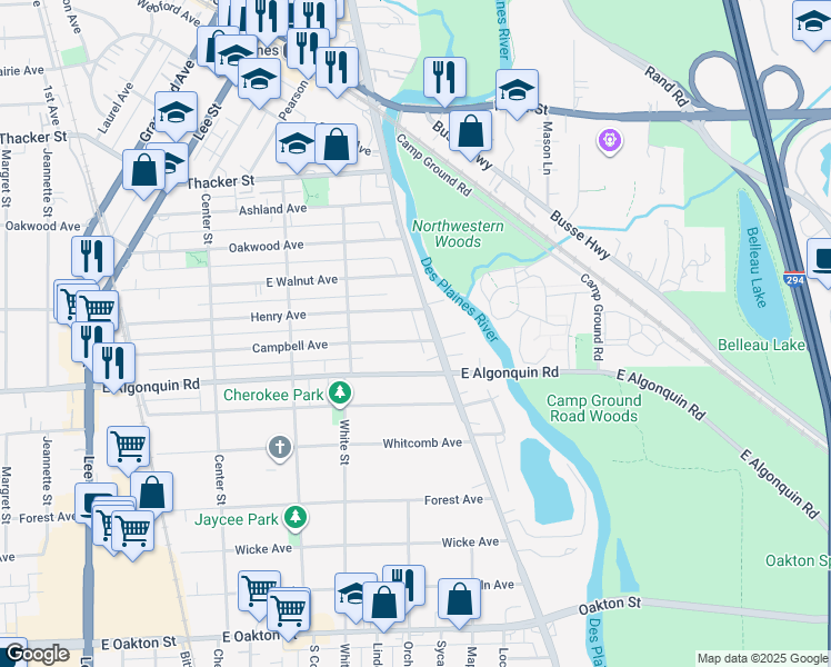 map of restaurants, bars, coffee shops, grocery stores, and more near 1708 Campbell Avenue in Des Plaines