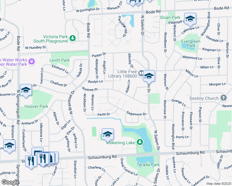 map of restaurants, bars, coffee shops, grocery stores, and more near 1015 Aimtree Pl in Schaumburg
