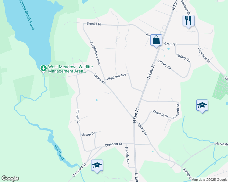 map of restaurants, bars, coffee shops, grocery stores, and more near 393 Spring Street in West Bridgewater