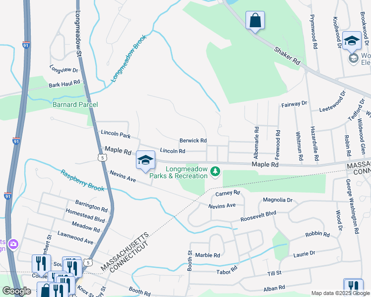 map of restaurants, bars, coffee shops, grocery stores, and more near 122 Lincoln Road in Longmeadow