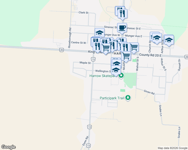 map of restaurants, bars, coffee shops, grocery stores, and more near 230 Erie Street South in Essex