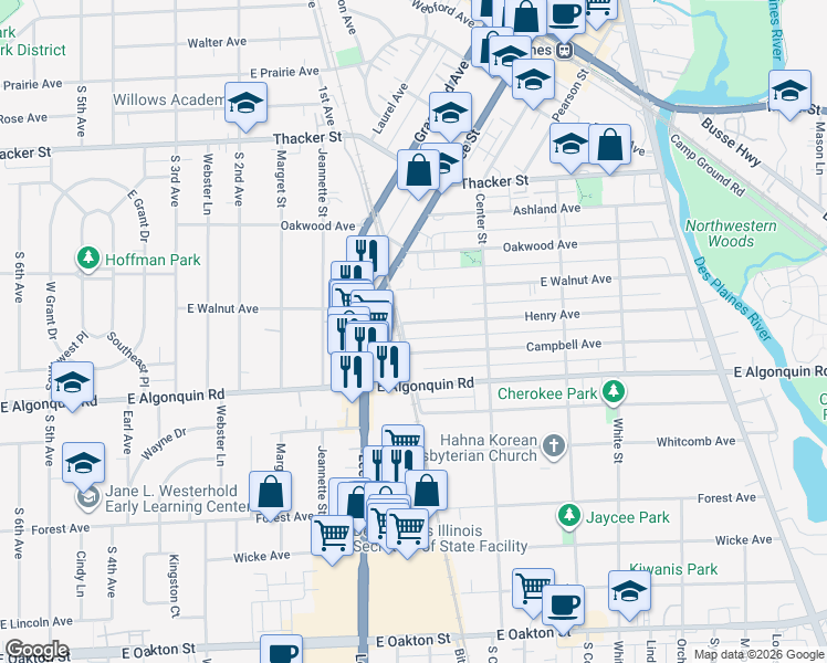 map of restaurants, bars, coffee shops, grocery stores, and more near 1275 Henry Avenue in Des Plaines
