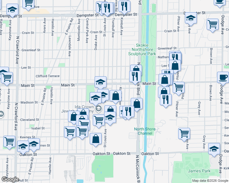 map of restaurants, bars, coffee shops, grocery stores, and more near 8344 Kimball Avenue in Skokie