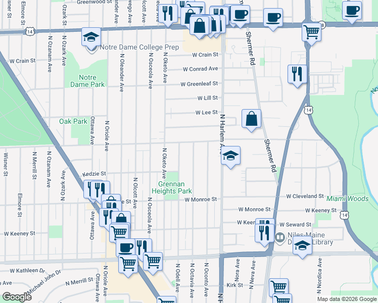 map of restaurants, bars, coffee shops, grocery stores, and more near 8353 North Octavia Avenue in Niles