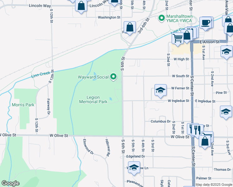 map of restaurants, bars, coffee shops, grocery stores, and more near 1203 South 6th Street in Marshalltown