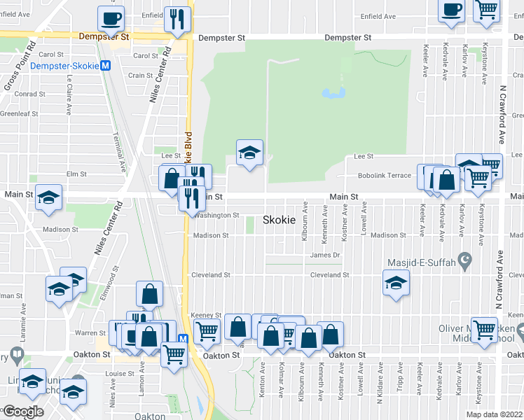map of restaurants, bars, coffee shops, grocery stores, and more near 8338 Kenton Avenue in Skokie