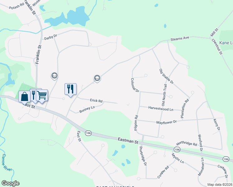map of restaurants, bars, coffee shops, grocery stores, and more near 10 Erick Road in Mansfield