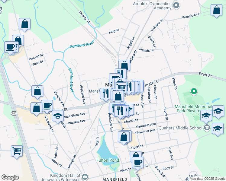 map of restaurants, bars, coffee shops, grocery stores, and more near 1 Mansfield Avenue in Mansfield