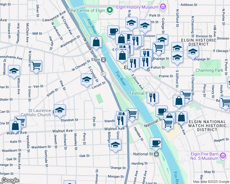 map of restaurants, bars, coffee shops, grocery stores, and more near 135-37 North State Street in Elgin