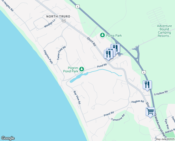 map of restaurants, bars, coffee shops, grocery stores, and more near 14 Pond Road in Truro