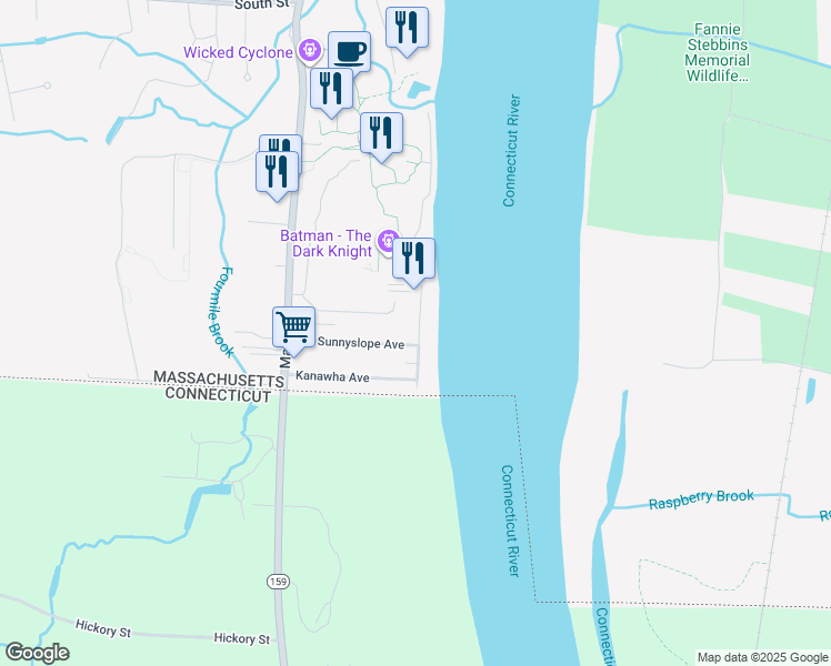 map of restaurants, bars, coffee shops, grocery stores, and more near 46 Riverview Avenue in Agawam