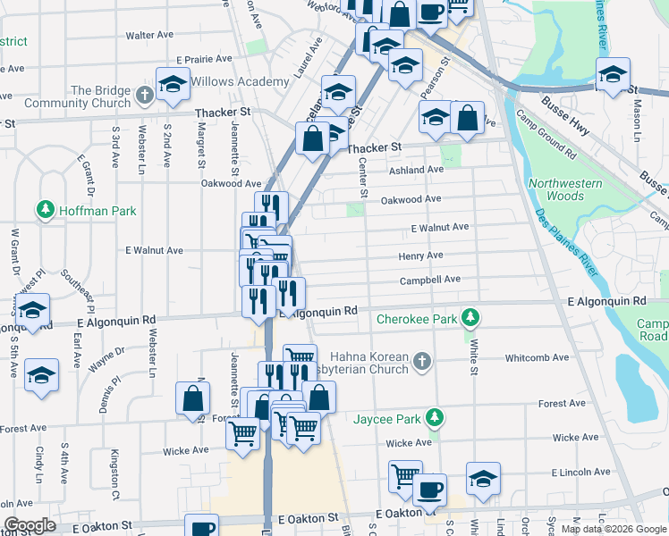 map of restaurants, bars, coffee shops, grocery stores, and more near 1337 Henry Avenue in Des Plaines