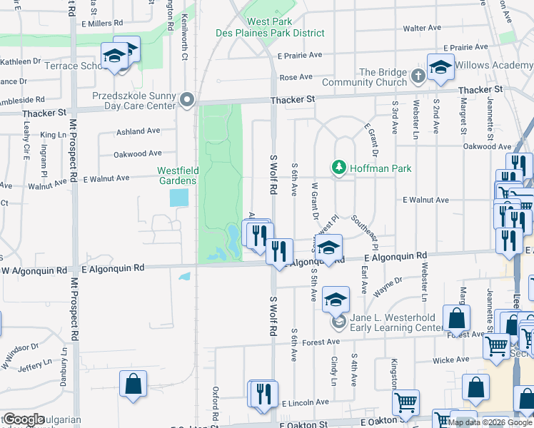 map of restaurants, bars, coffee shops, grocery stores, and more near 1083 South Wolf Road in Des Plaines
