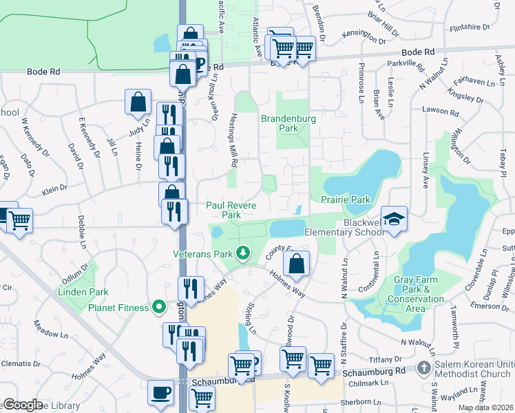 map of restaurants, bars, coffee shops, grocery stores, and more near 15 White Hall Court in Streamwood