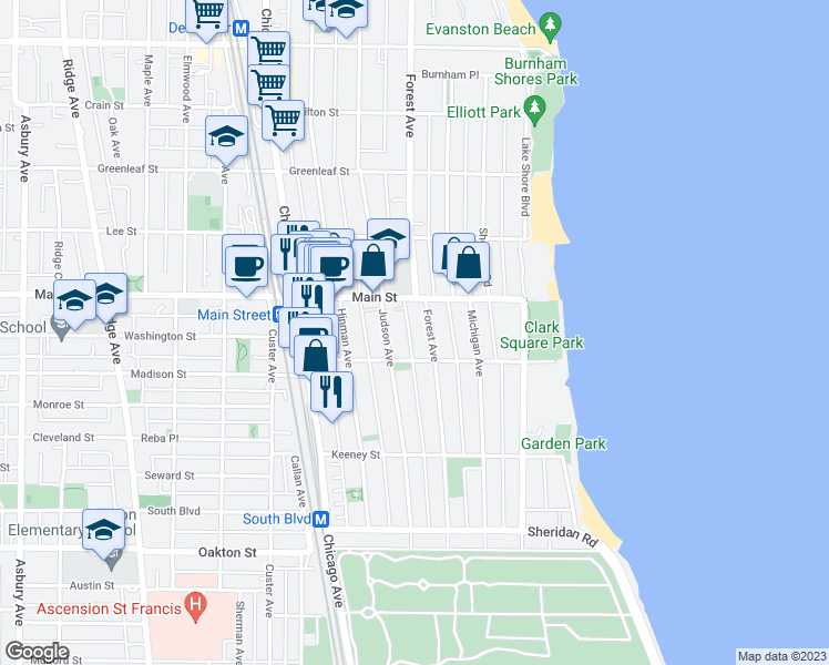 map of restaurants, bars, coffee shops, grocery stores, and more near 316 1/2 Main Street in Evanston