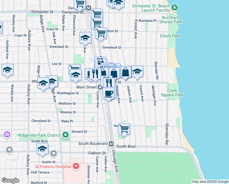 map of restaurants, bars, coffee shops, grocery stores, and more near 822 Hinman Avenue in Evanston