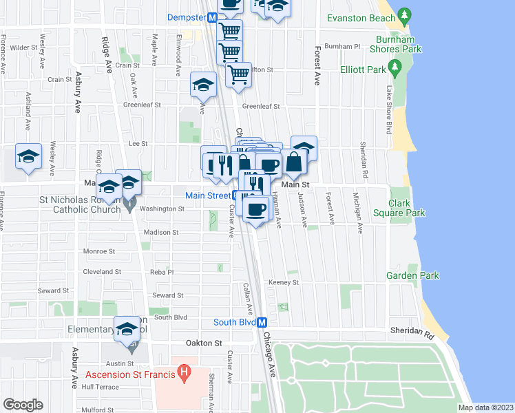map of restaurants, bars, coffee shops, grocery stores, and more near 822 Hinman Avenue in Evanston