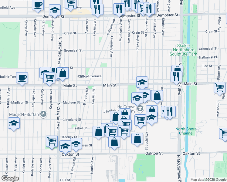 map of restaurants, bars, coffee shops, grocery stores, and more near 8338 Monticello Avenue in Skokie