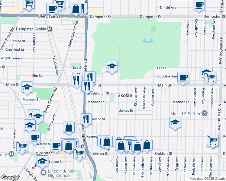 map of restaurants, bars, coffee shops, grocery stores, and more near 4636 Washington Street in Skokie