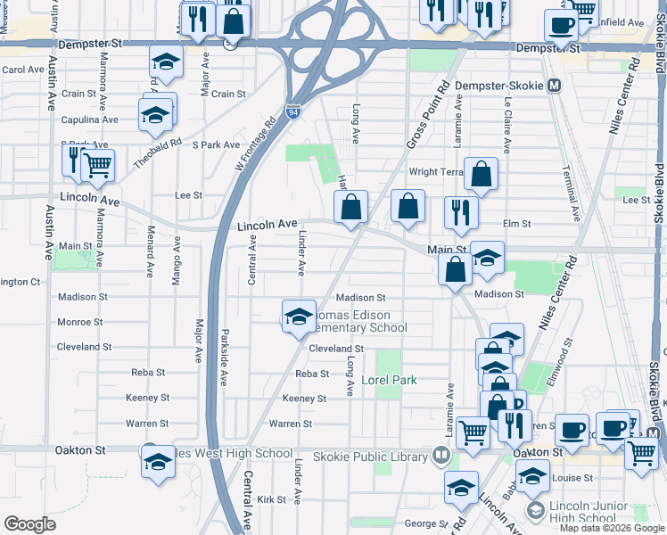 map of restaurants, bars, coffee shops, grocery stores, and more near 5428 Washington Street in Morton Grove
