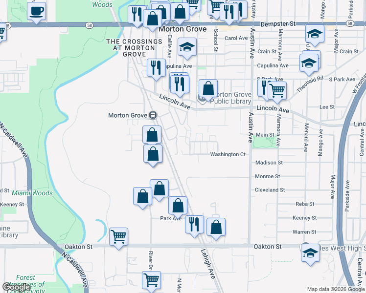 map of restaurants, bars, coffee shops, grocery stores, and more near 8302 Callie Avenue in Morton Grove