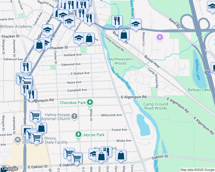 map of restaurants, bars, coffee shops, grocery stores, and more near 1708 Campbell Avenue in Des Plaines