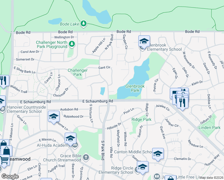 map of restaurants, bars, coffee shops, grocery stores, and more near 29 North Park Boulevard in Streamwood